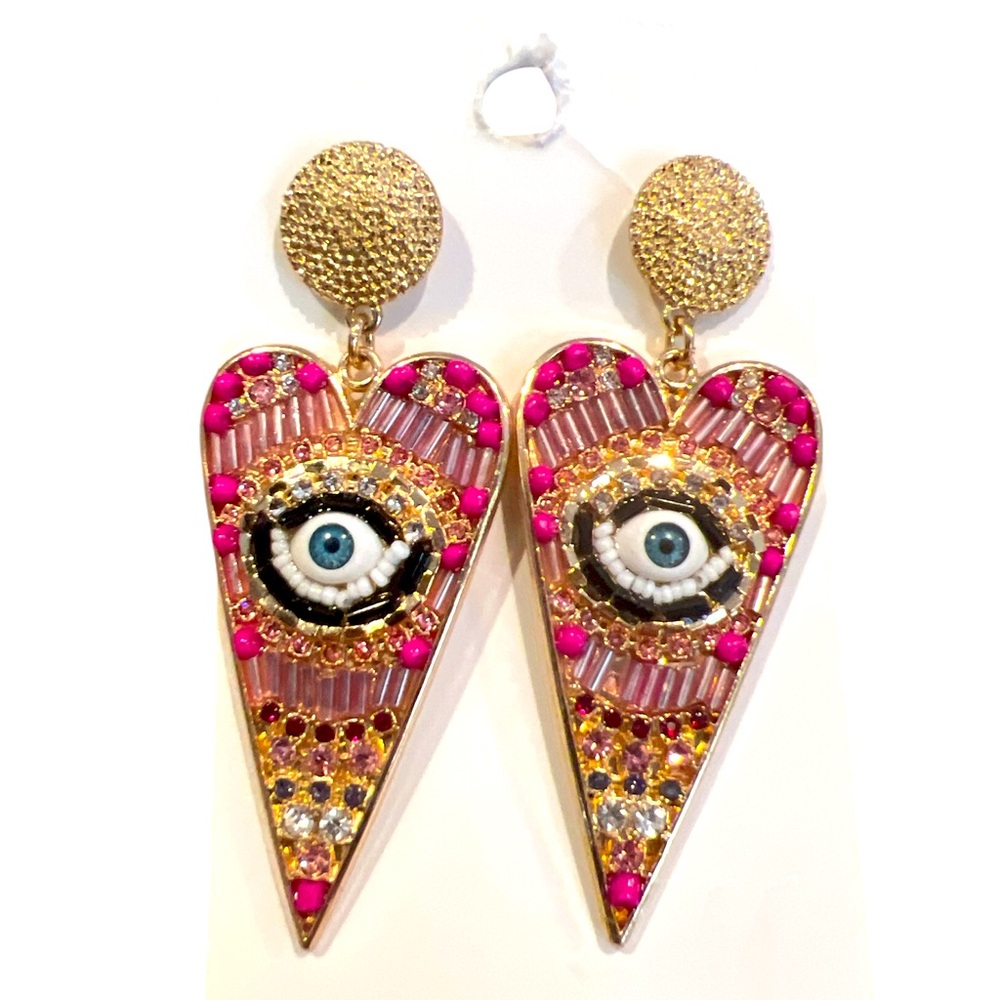 NWT Brand New Gold and Pink Heart Evil Eye Earrings Dangling Vintage